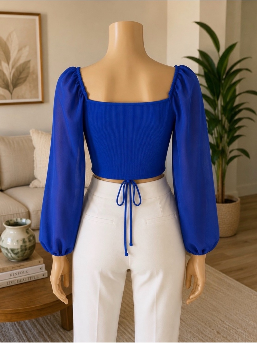 🆕 Women’s Royal Blue Ruched Drawstring Crop Top - Picture 2 of 6
